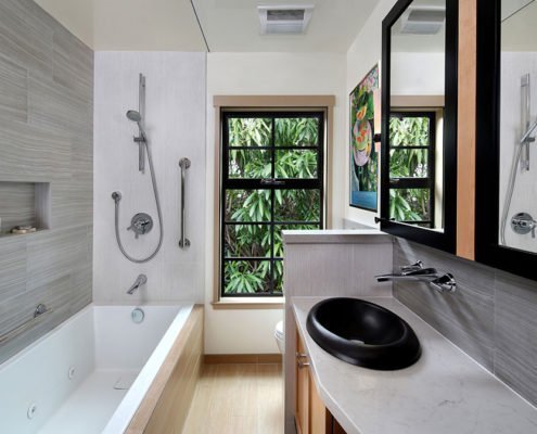 An artful, retreat-like bathroom in Mountain View incorporates some elements of Universal Design.
