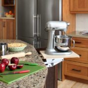 A built-in appliance lift brings a stand mixer to counter height.