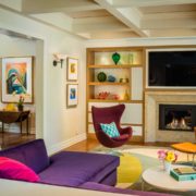 Colorful living room with coffered ceiling