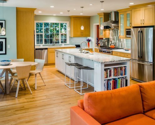 An open kitchen space in Palo Alto offers room for entertaining, and an island perfect for baking.