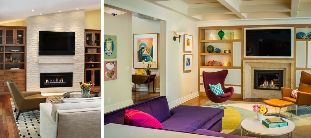 different shaped fireplaces recessed under a mounted TV