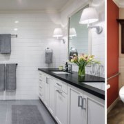 Two images of Universal Design bathrooms side-by-side. One is modern and grey, while the other is traditional and colorful.