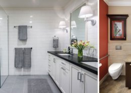 Two images of Universal Design bathrooms side-by-side. One is modern and grey, while the other is traditional and colorful.