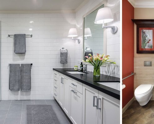 Two images of Universal Design bathrooms side-by-side. One is modern and grey, while the other is traditional and colorful.