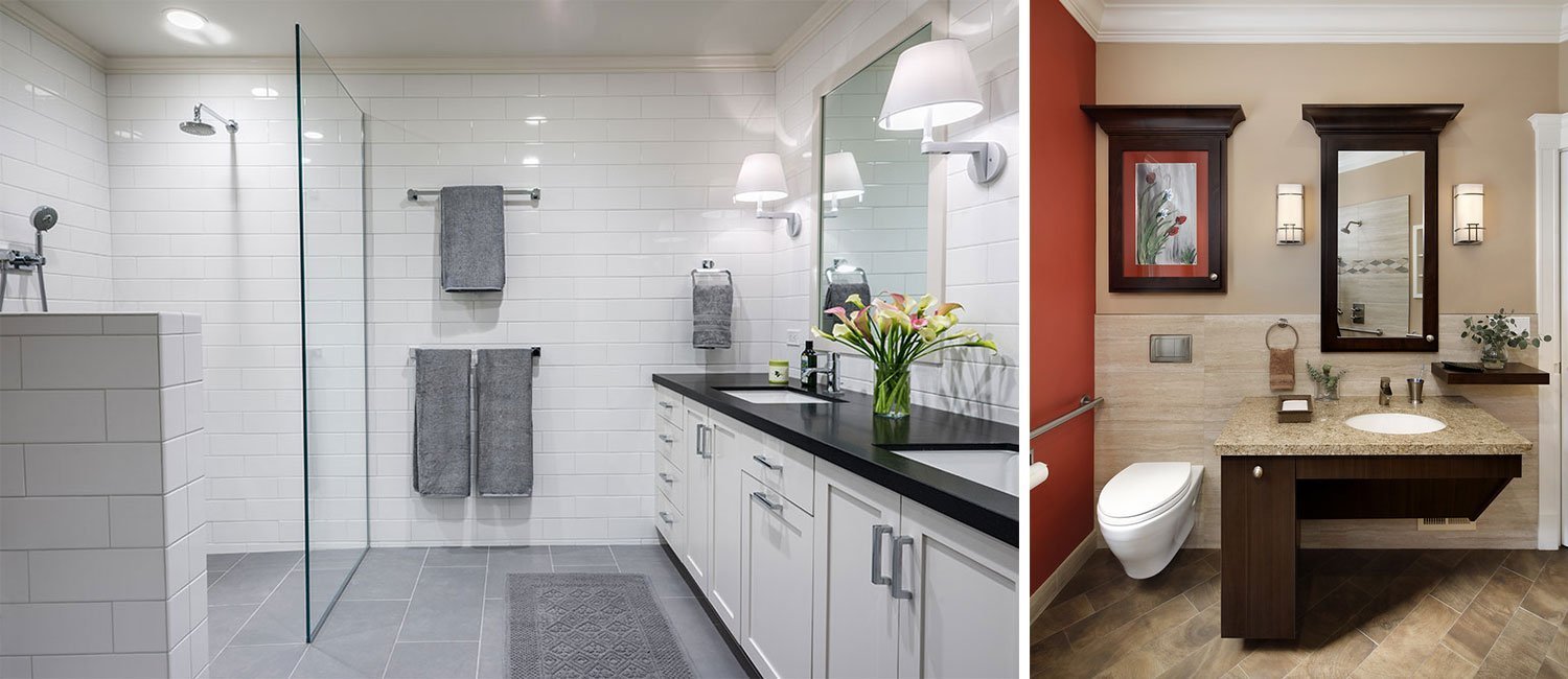 Two images of Universal Design bathrooms side-by-side. One is modern and grey, while the other is traditional and colorful.