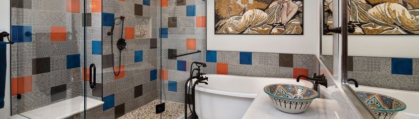 A Design + Build bathroom project showcasing a variety of tiles.