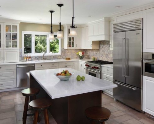 A baker's dream kitchen in Palo Alto includes a large island and appliance garage.