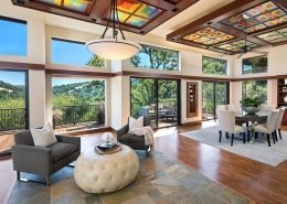 A Portola Valley home features picturesque windows and ceilings that create visual interest.