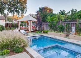 gazebo outdoor seating and pool daytime