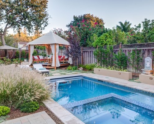 gazebo outdoor seating and pool daytime