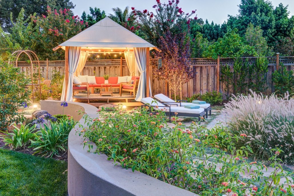 plantlife surrounding gazebo in outdoor seating