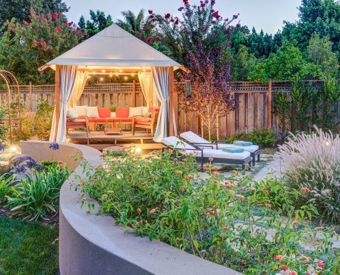 plantlife surrounding gazebo in outdoor seating