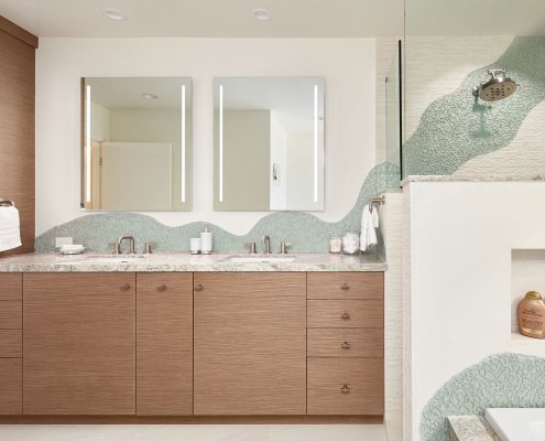 Bathroom with green wave backsplash