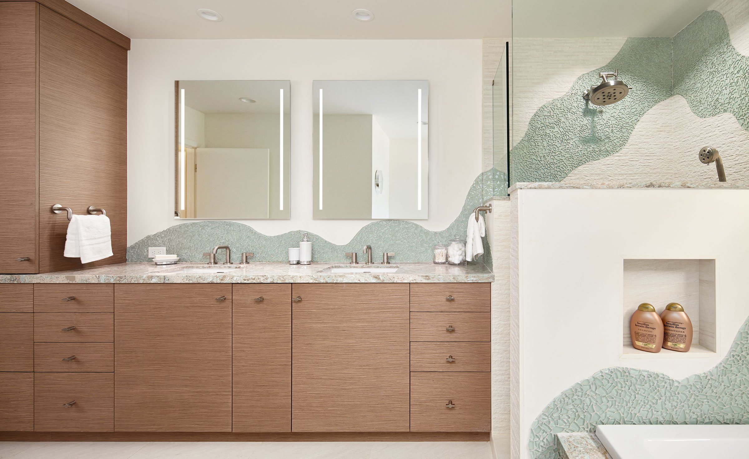 Bathroom with green wave backsplash