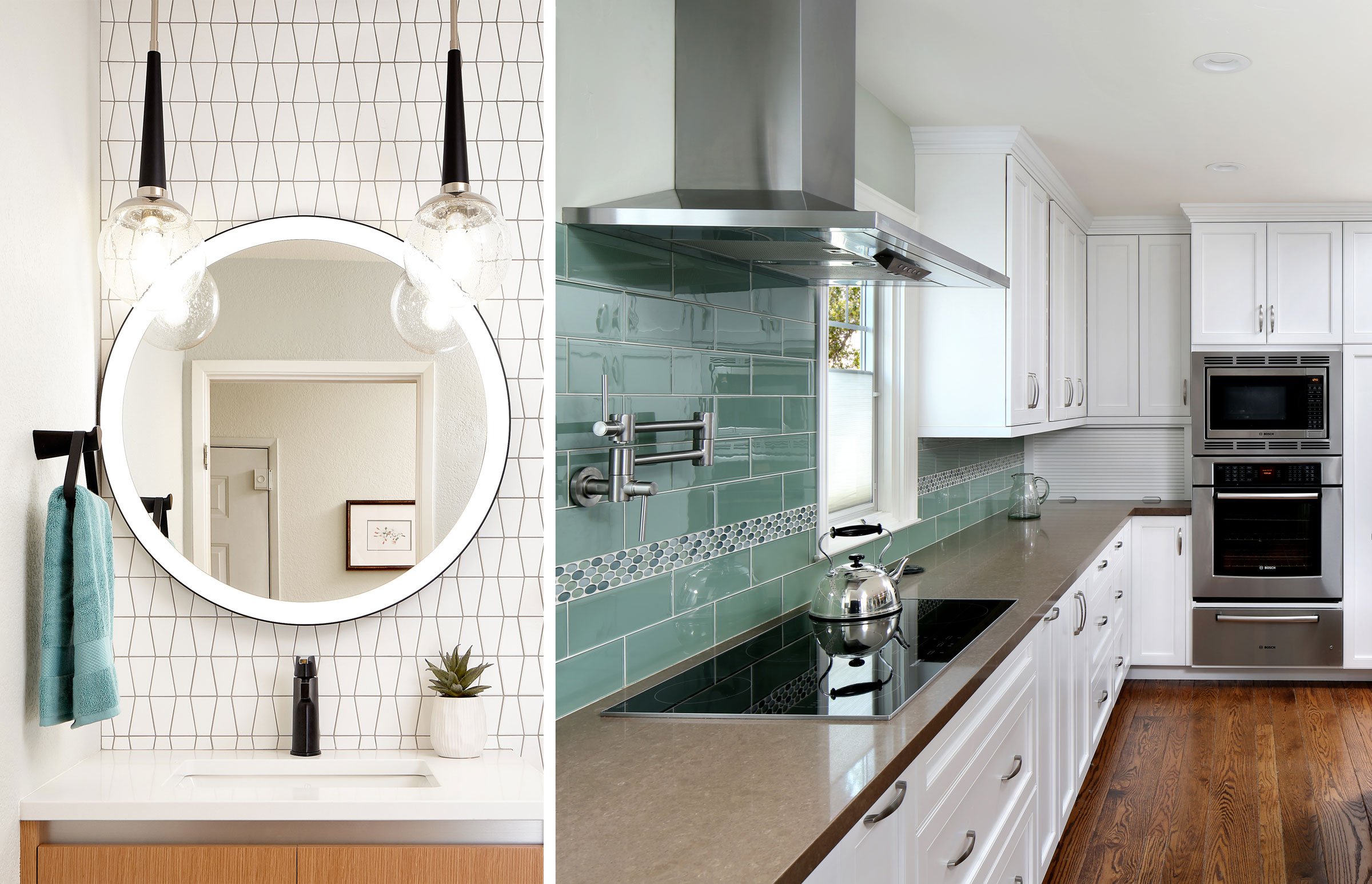 Collage of white bathroom sink and kitchen with blue backsplash