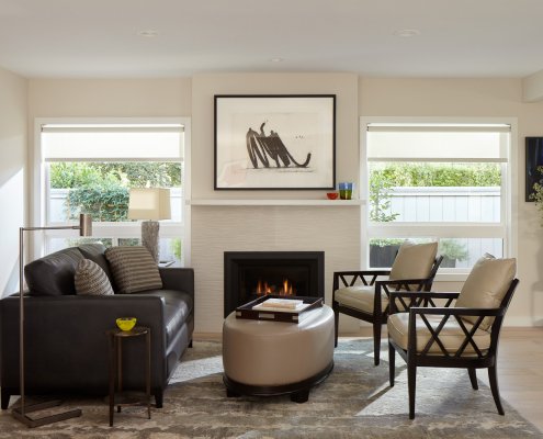 Neutral tones and bright windows add serenity to this Los Altos living room.