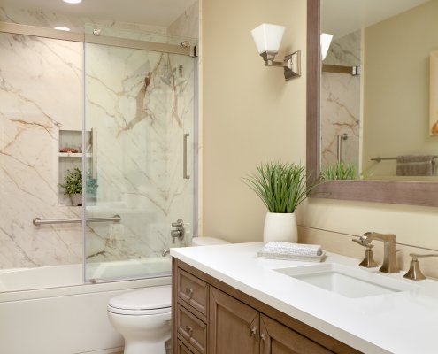 Budget-friendly finishes don't make this guest bathroom in Los Gatos feel any less sophisticated.