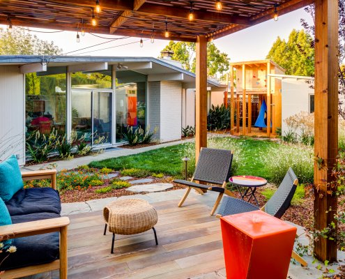 View from under mid-century modern pergola