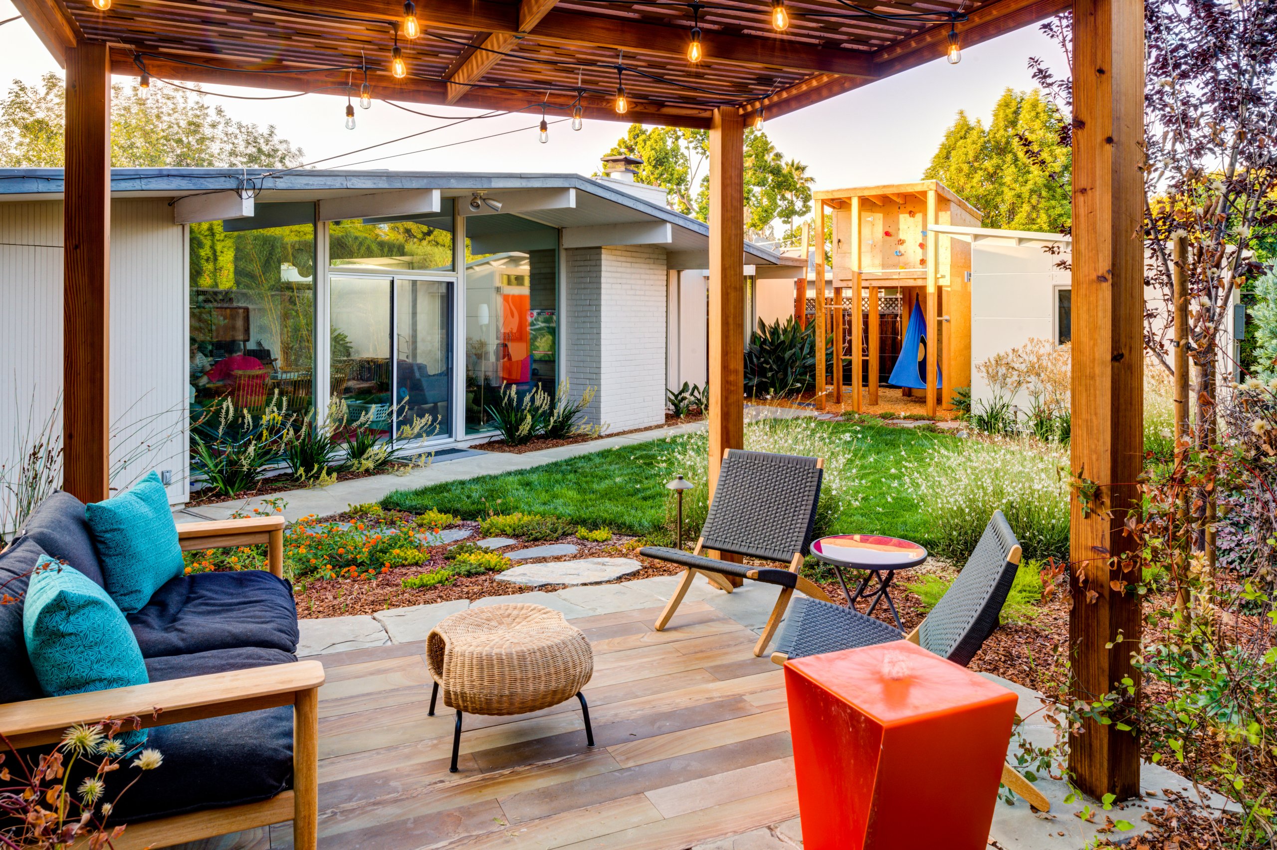 View from under mid-century modern pergola