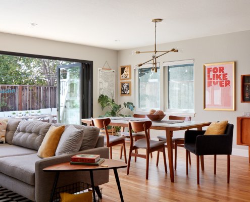A mid-century inspired home in San Jose features an open floor plan for living, dining, and outdoor entertaining.