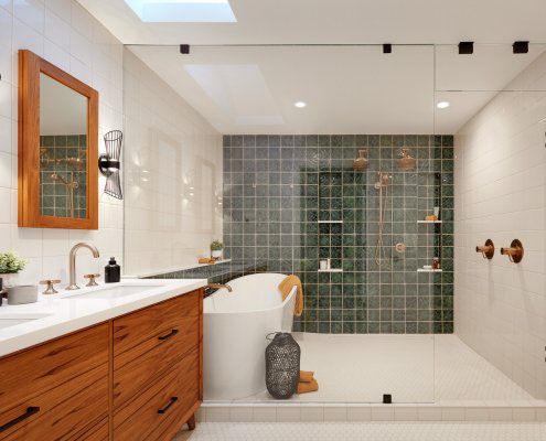 A modern bathroom in San Jose has a large, glass-enclosed shower with a tile accent wall and soaking tub.