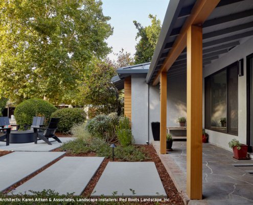 A home in San Jose features a sleek firepit area in the front yard.